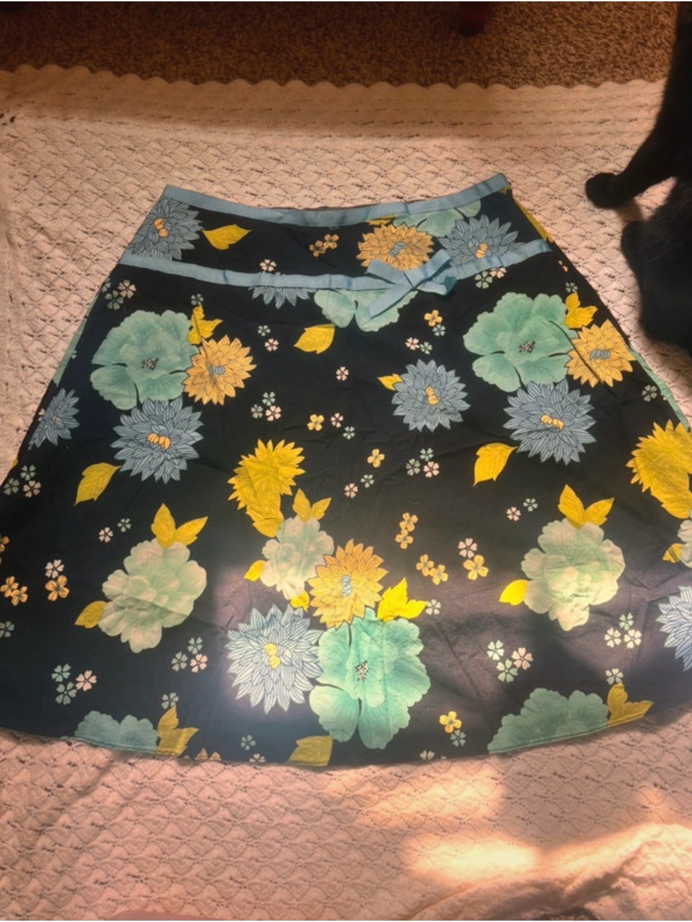 George Navy Midi Skirt with Yellow & Mint Floral Pattern